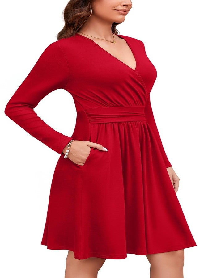 WEACZZY فستان خريفي طويل الأكمام بياقة على شكل حرف V من WEACZZY للنساء، مناسب لحفلات الكوكتيل وحفلات الزفاف، فستان أحمر شبه رسمي مع جيوب، أحمر، مقاس 3XL - Image 3